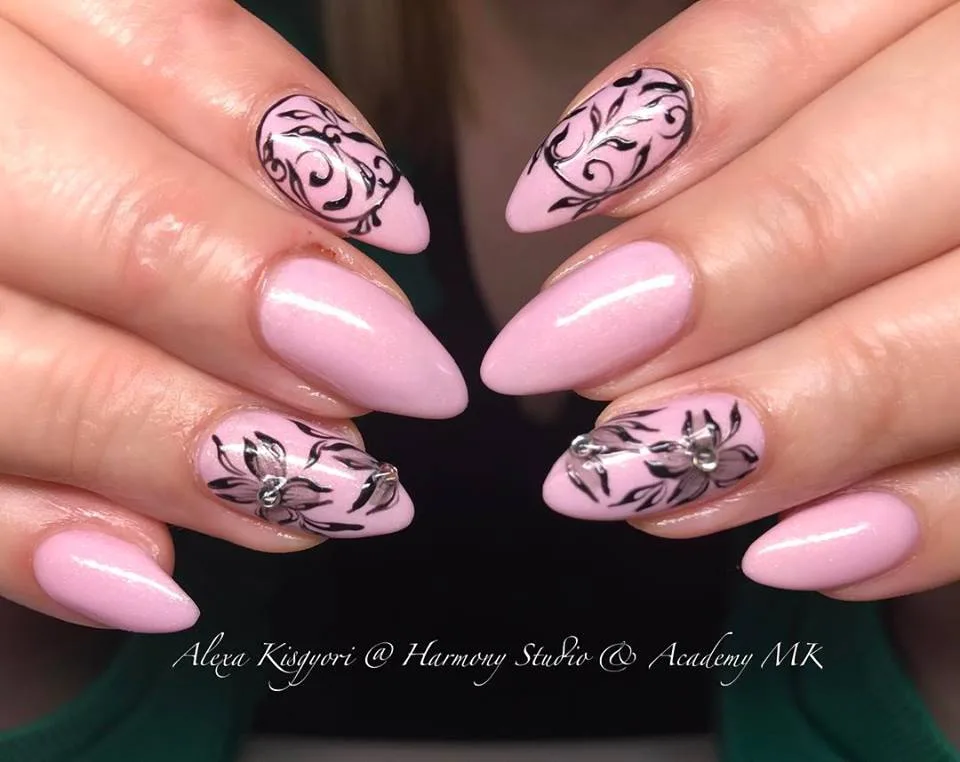 Baby Pink With Black Artistic Nails