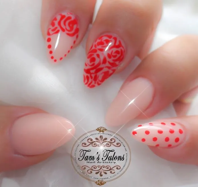 Red Artistic Nail Design On Nude Nails