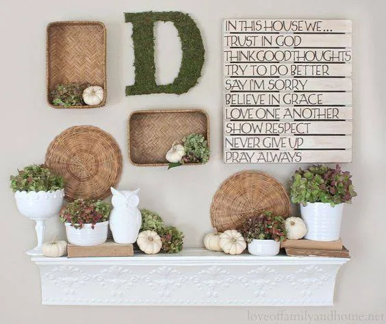 Greenery And Moss Monogram Fall Mantel Decor Idea