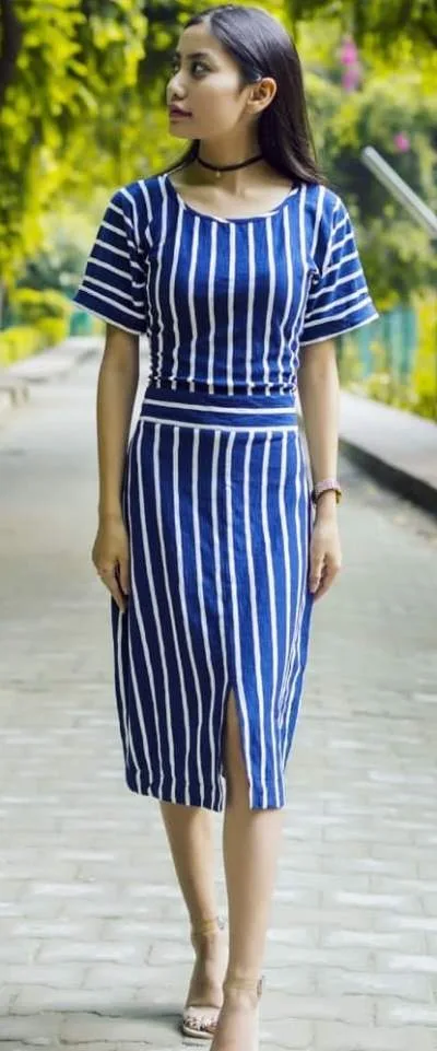 A Striped Sheath Dress With Dolman Sleeves