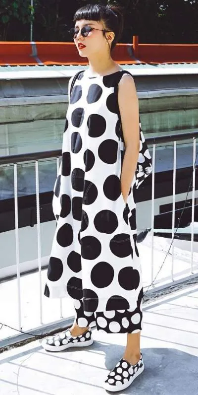 Bold Black And White Polka Dots Maxi Dress And matching Flats And Bag