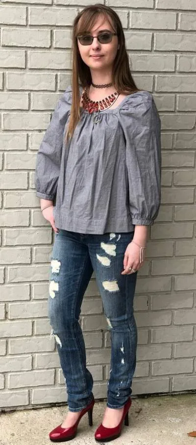 Crew Long Sleeve Grey Top, Ripped Jeans, High Heels And Beautiful Necklace