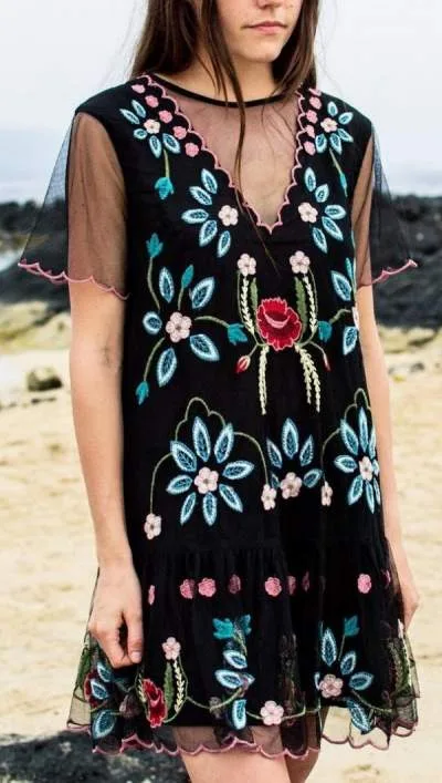 Glamorous Black Net Embroidered Dress