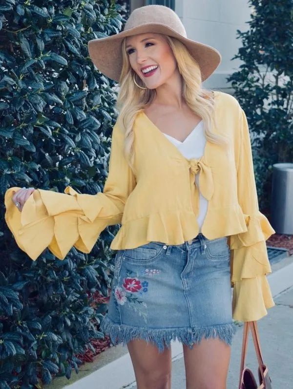 Marvelous Yellow Cropped Kimono, Denim Skirt And Hat