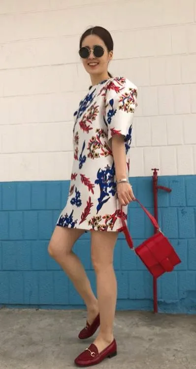 One-Piece Leaf Print Dress, Maroon Belly And Red Bag