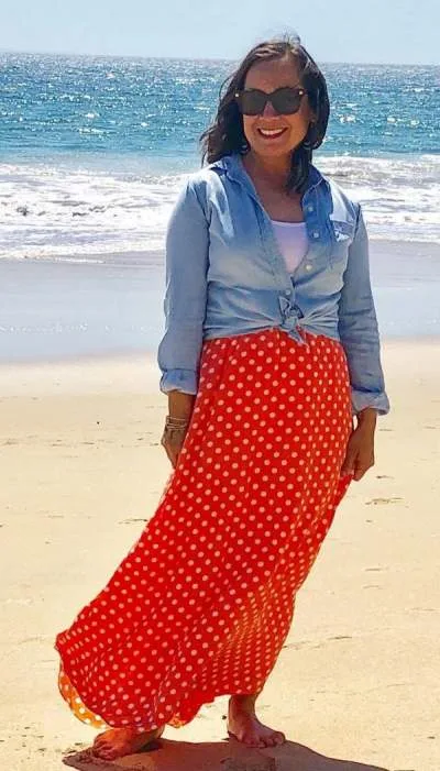 Red Polka Dots Skirt And Denim Shirt