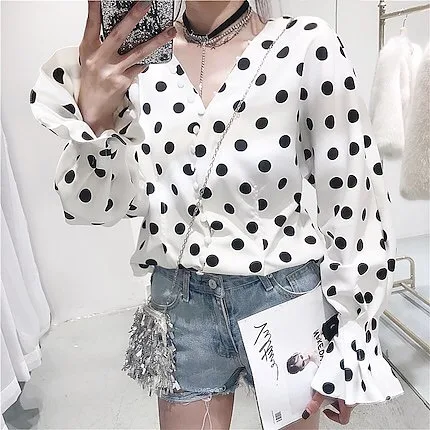 White Polka Dot Blouse, Denim Skirt And Crossbody Bag