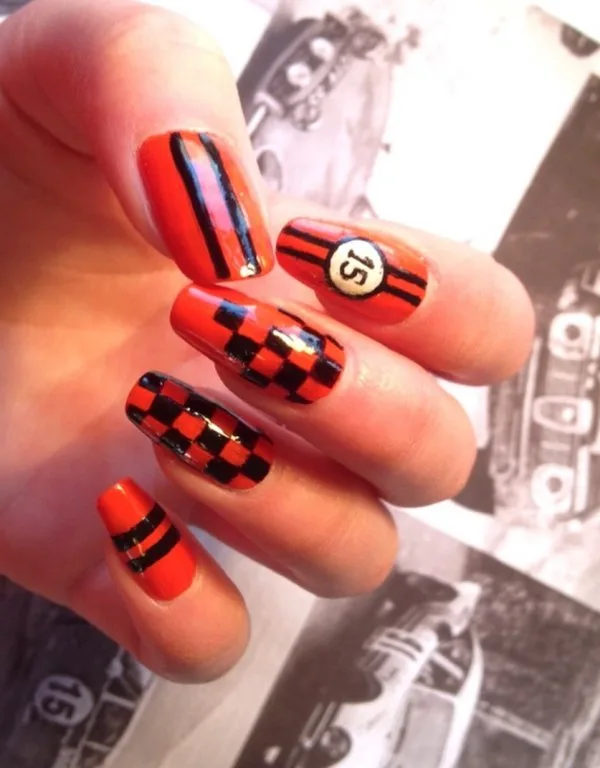 Orange And Black Check And Stripes Nails
