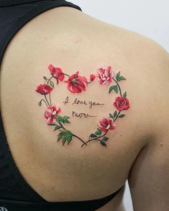 Heart shape flower tattoo design on shoulder looking very cute with Watercolor.