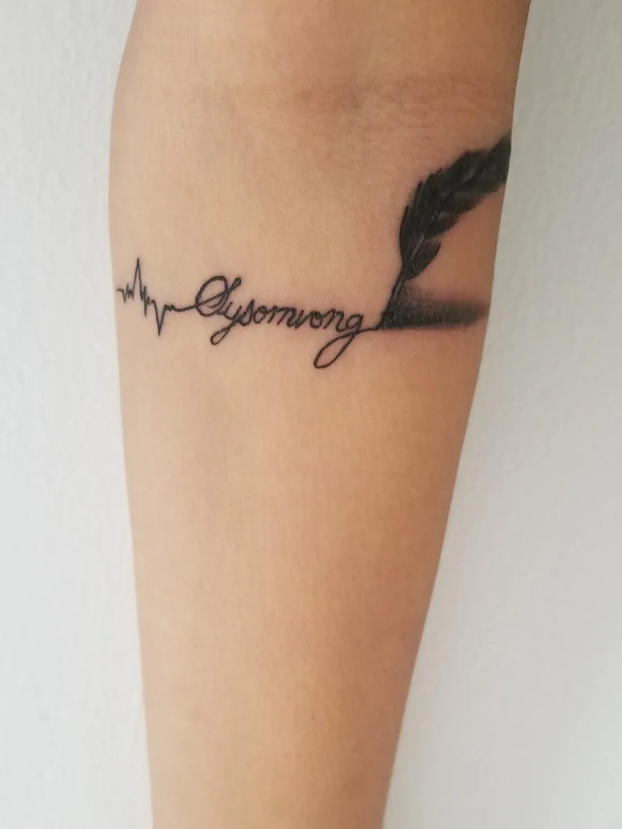 Name, Heartbeat Sign + Feather.