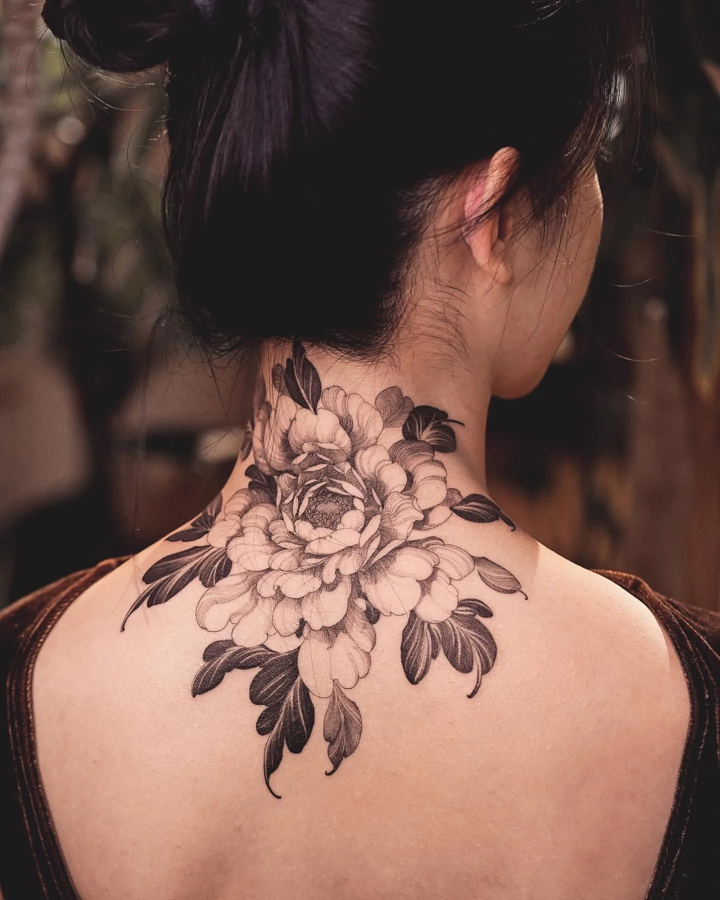 Shaded Japanese Chrysanthemum Back Neck Tattoo