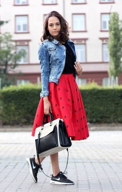 red denim jacket and skirt