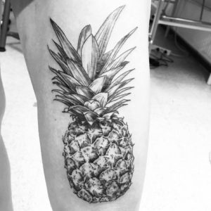 Grey & Black Pineapple Tattoo On Thigh