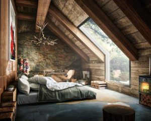 Eye Catching Rustic Bedroom With Natural View, Adorable Chandelier And Wall Decor