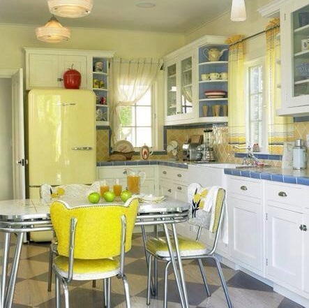 Curved Front Fridge, Vinyl Chairs And Formica Tabletop Perfect For Retro Kitchen