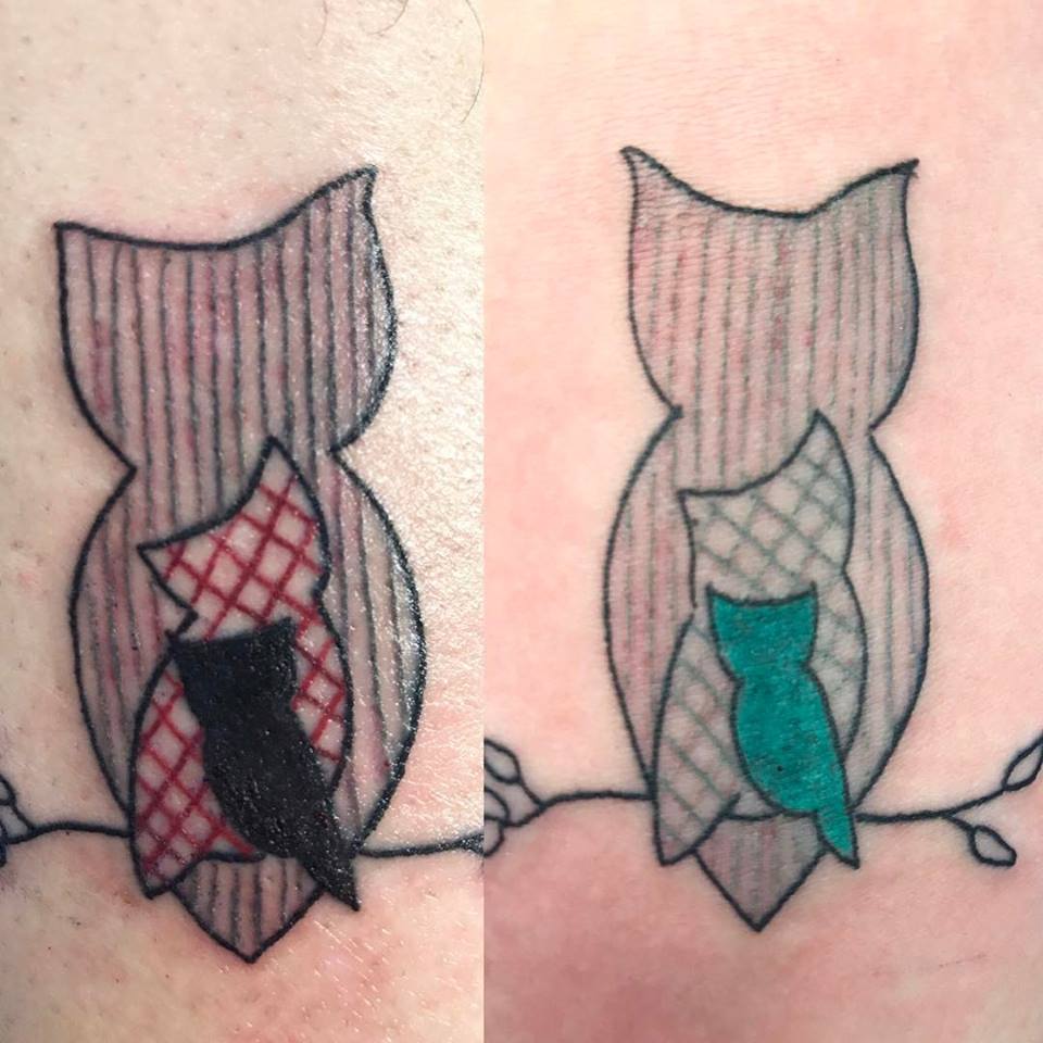 Red & Teel Owl Line Work Sibling Tattoo