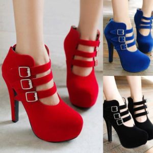 Rounded Toe Flock Ankle Boots With Buckles