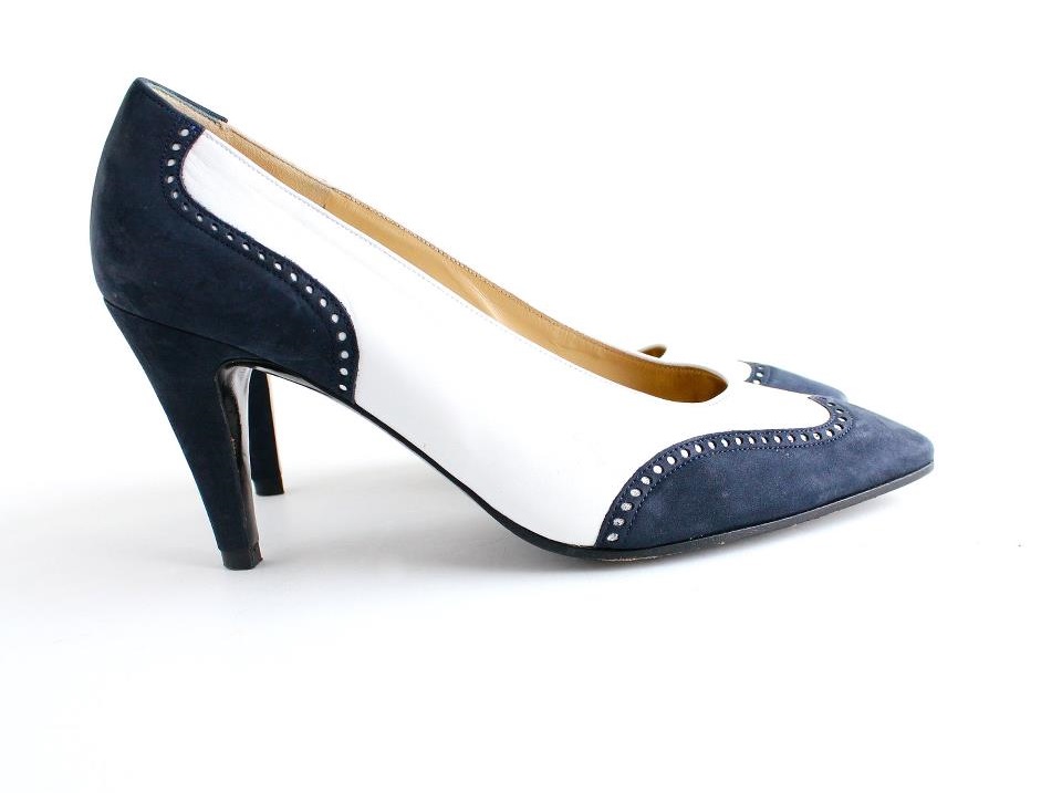 blue and white spectator pumps