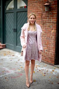 Wonderful Pink Sequin Short Dress With Faux Fur Coat And Matching Pumps