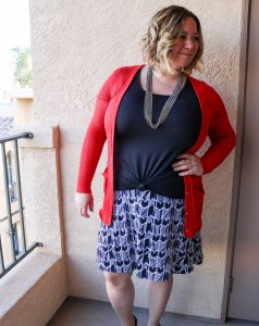 Wonderful Black Top With Artistic Print Skirt And Red Cardigan For Plus Size