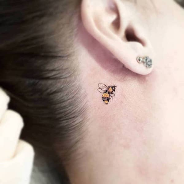 Tiny Bee Tattoo Behind the Ear