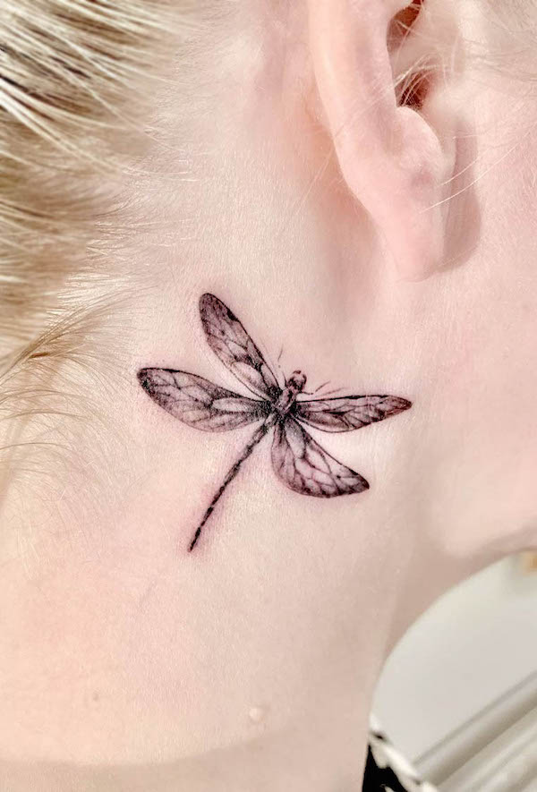 Elegant Dragonfly Behind-the-Ear Tattoo