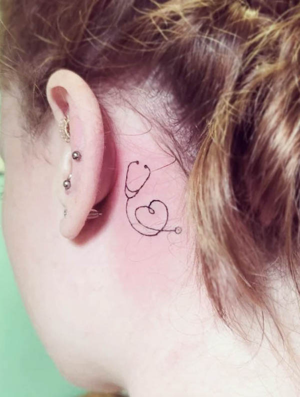 Heart Stethoscope Tattoo Behind the Ear