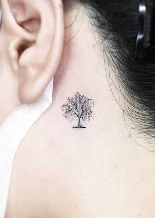 Graceful Birch Tree Behind-the-Ear Tattoo