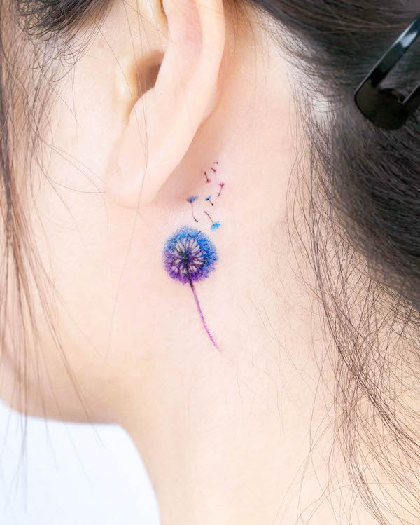 Vibrant Dandelion Behind-the-Ear Tattoo