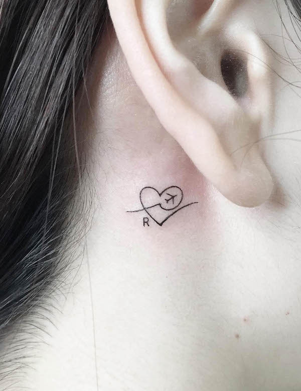 Heart and Plane Tattoo Behind the Ear