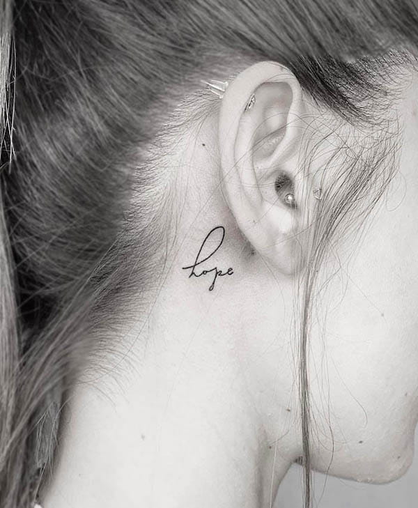 Elegant 'Hope' Behind-the-Ear Tattoo