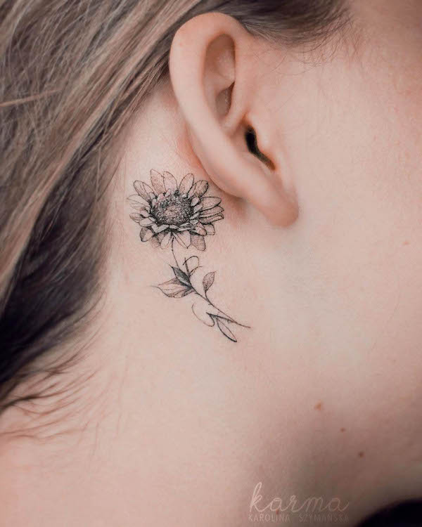 Elegant Sunflower Tattoo Behind the Ear