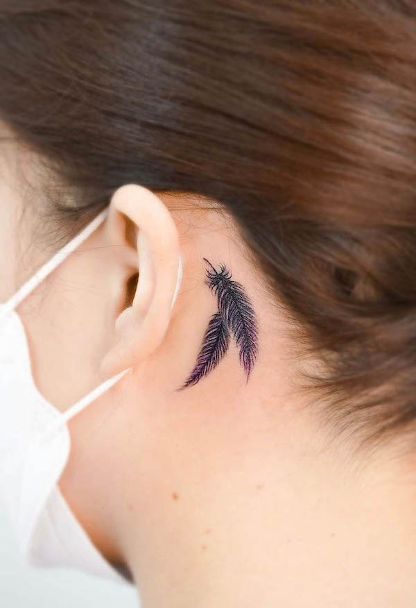 Delicate Feather Behind-the-Ear Tattoo