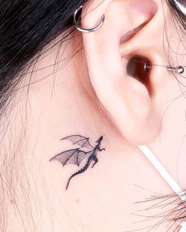 Tiny Dragon Tattoo Behind the Ear