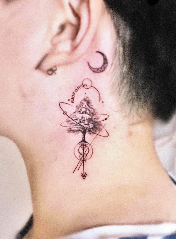 Cosmic Tree and Arrow Behind-the-Ear Tattoo