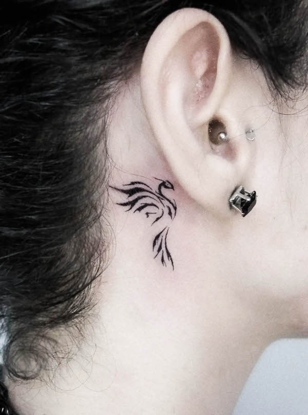 Rising Phoenix Behind the Ear Tattoo