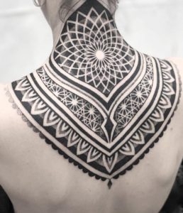 Boho Chic Ornamental Mandala Negative Space Tattoo On Neck