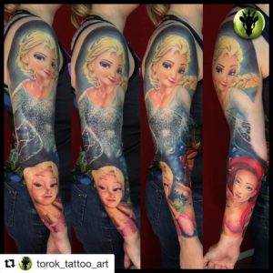 Cute Disney Princess Fairytale Tattoo On Full Sleeves