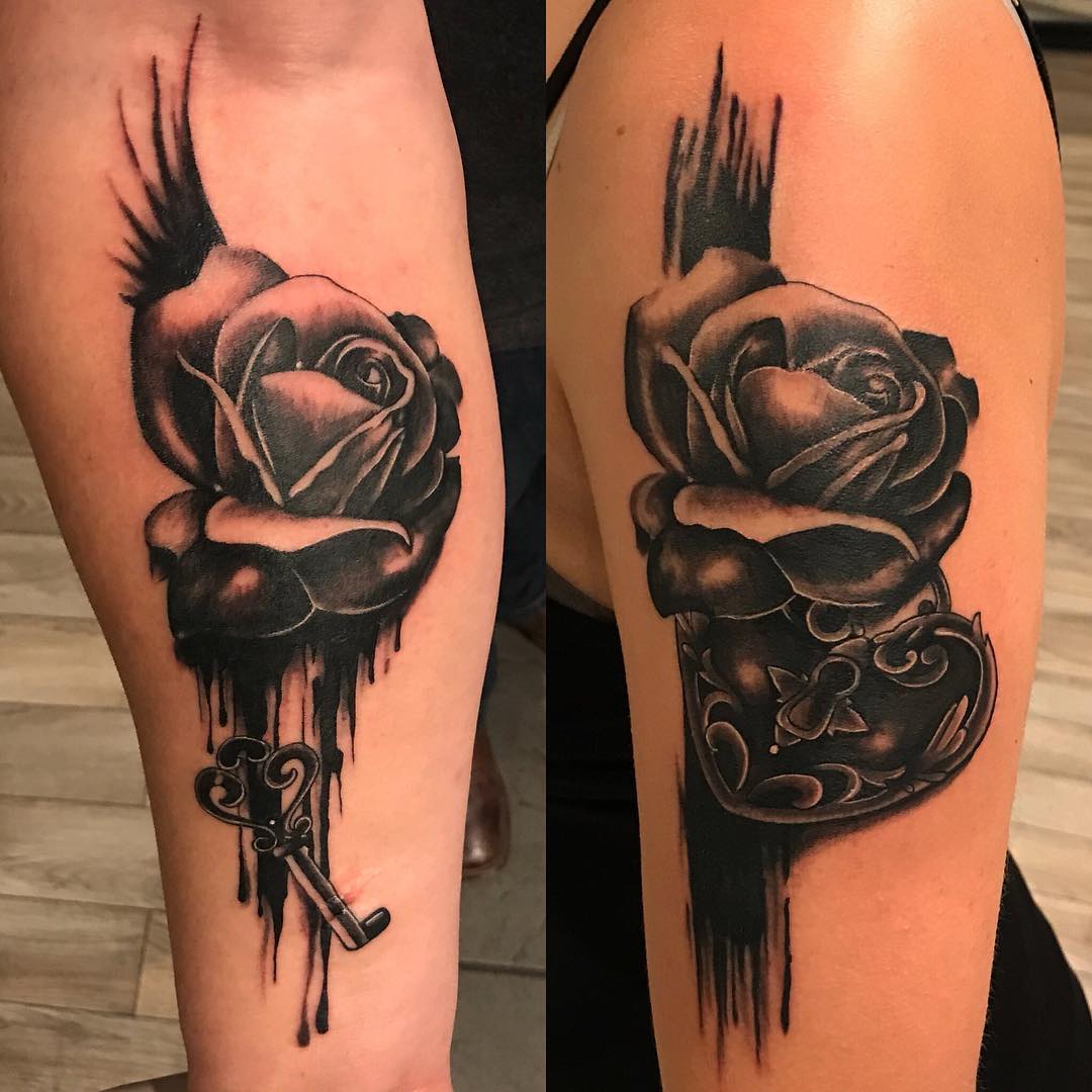 Glamorous Black Rose Key And Lock couple Tattoo