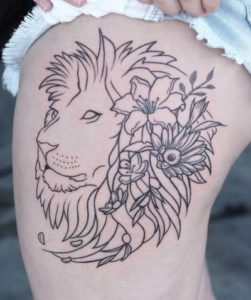 Pretty Linework Lion Tattoo With Flowers