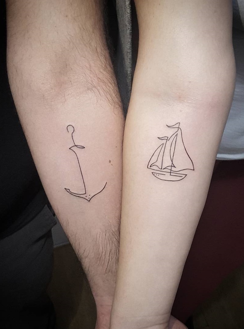 Single Needle Ship And Anchor Couple Tattoo