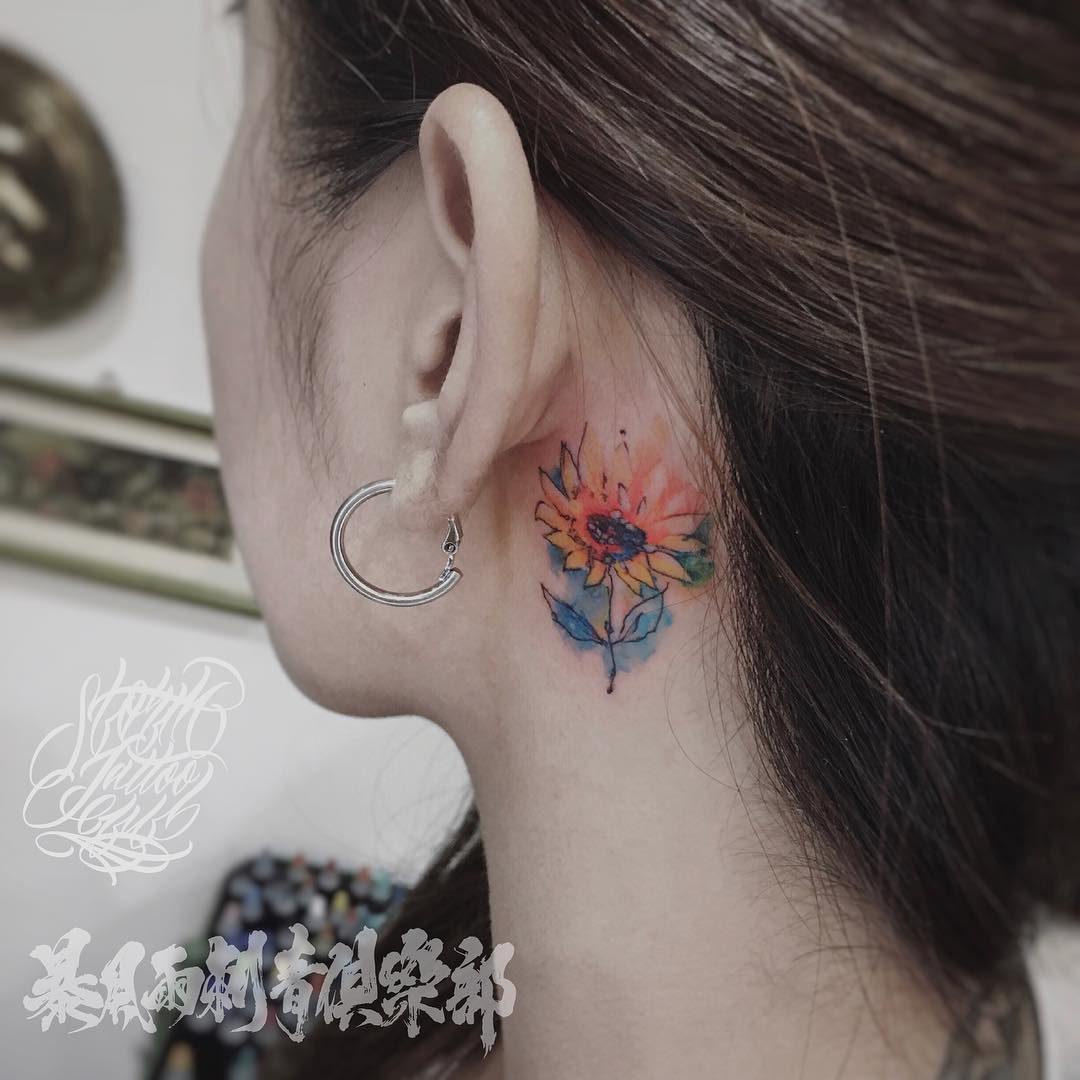 Water Color Sunflower Tattoo Behind The Ear