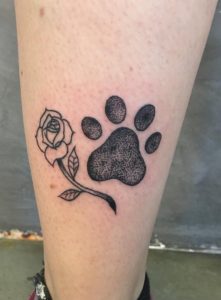 Cute Lil Paw Print + Rose Calf Tattoo Idea For Girls.