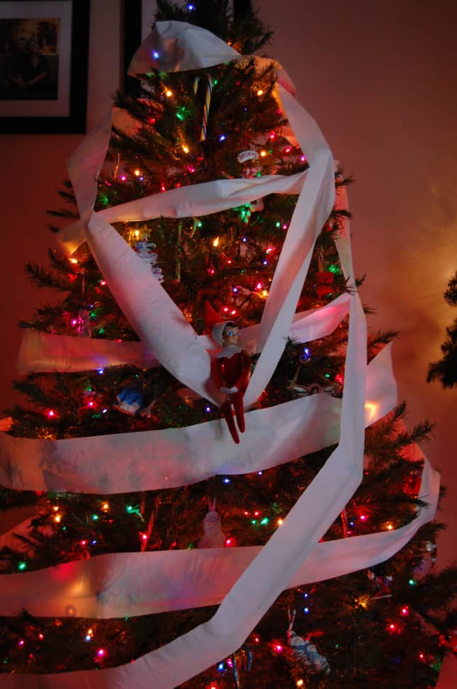 Elf decorating the Christmas tree with toilet paper.