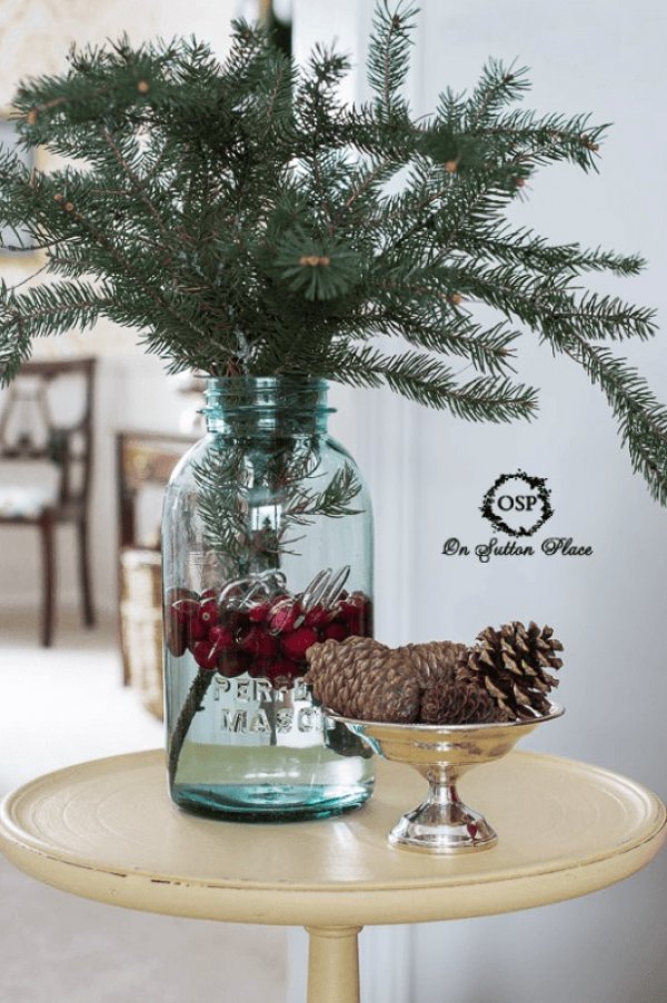 Mason jar vignette with cranberries.