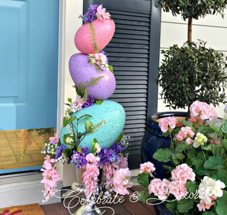 An Easter egg topiary for yard decor.