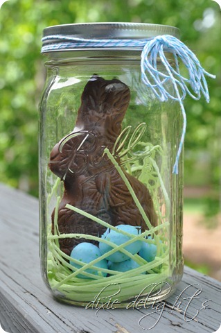 Chocolate bunny in mason jar.