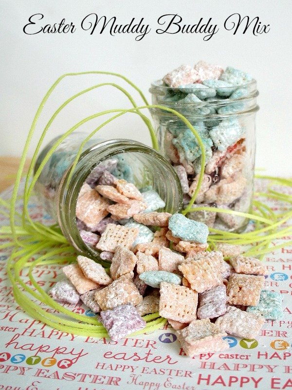 Colorful Easter muddy buddies mix in a jar.