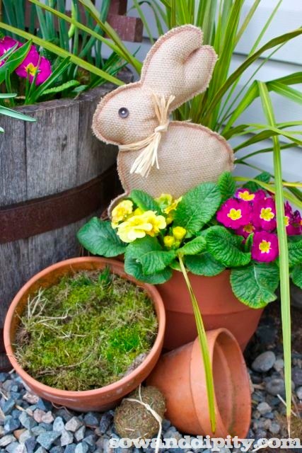 Cool burlap bunny for garden decor.