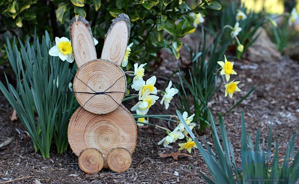 Rustic wooden bunny for garden decor.